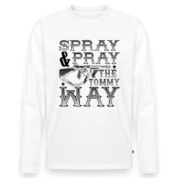 Spr�hen und beten Sie die Tommy Way Funny Gun Tomm - Männer Premium Bio Langarmshirt - Weiß - Vorne - Nico (187cm)