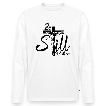 Sei still und kenne Jesus - Männer Premium Bio Langarmshirt - Weiß - Vorne - Nico (187cm)