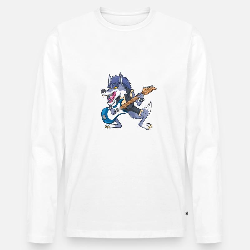 Cartoon Wolf rockt E-Gitarre - Männer Premium Bio Langarmshirt - Weiß