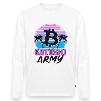 Satoshi Army Retrowave Cryptocurrency BTC Bitcoin - Men's Premium Organic Long Sleeve Shirt - white - Front - Nico (187cm)