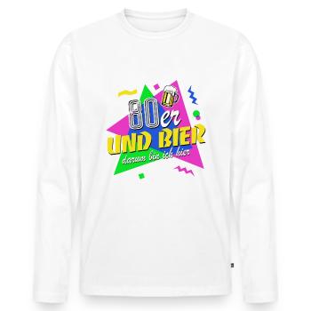 80er und Bier darum bin ich hier - 80er Jahre - Männer Premium Bio Langarmshirt - Weiß - Vorne - Nico (187cm)