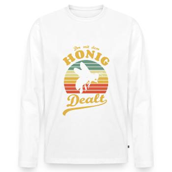 Der mit dem Honig dealt, Imker, Biene, Bienenzucht - Männer Premium Bio Langarmshirt - Weiß - Vorne - Nico (187cm)