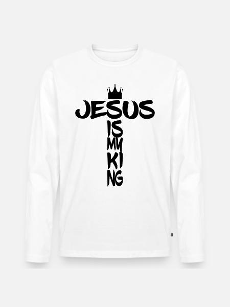 Jesus is King with cross and crown - Men's Premium Organic Long Sleeve Shirt - white