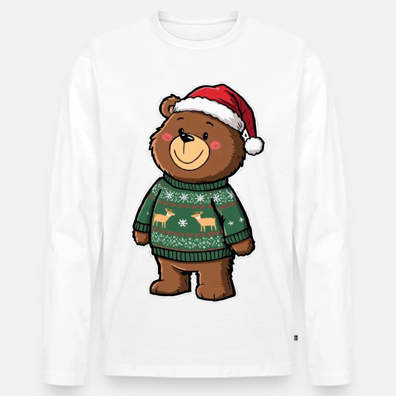 Niedlicher Bär mit Weihnachtspullover - Männer Premium Bio Langarmshirt - Weiß