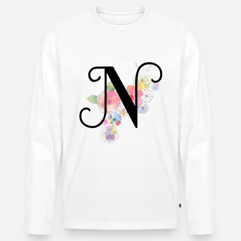 Monogramm Buchstabe N mit Pastellblüten - Männer Premium Bio Langarmshirt - Weiß