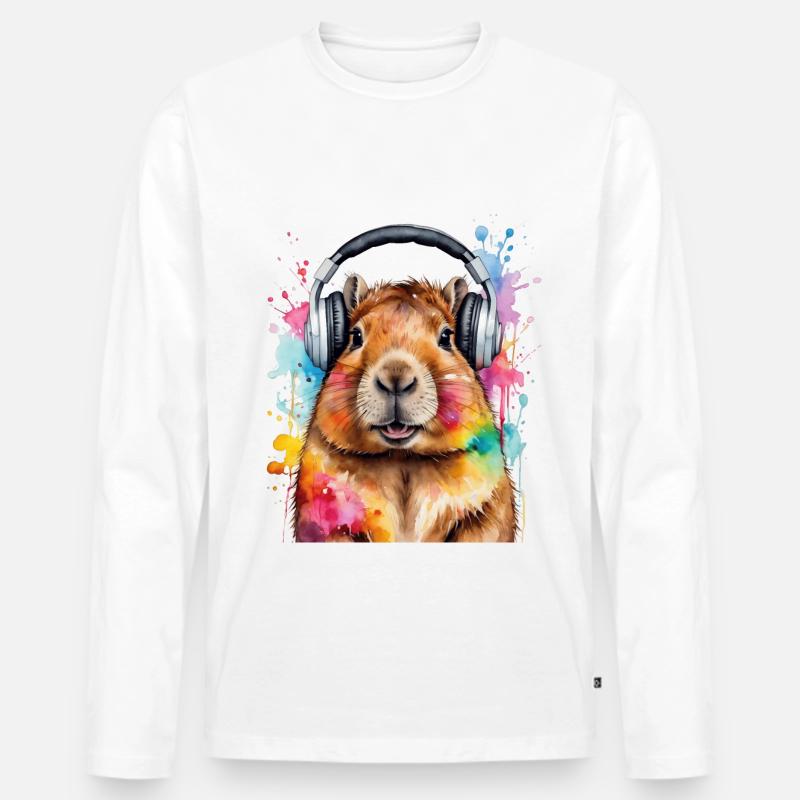 Capybara Kopfhörer Capy Bunt Tier Design Print - Männer Premium Bio Langarmshirt - Weiß