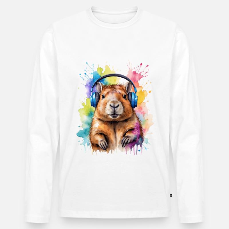 Capybara Kopfhörer Capy Bunt Tier Design Print - Männer Premium Bio Langarmshirt - Weiß