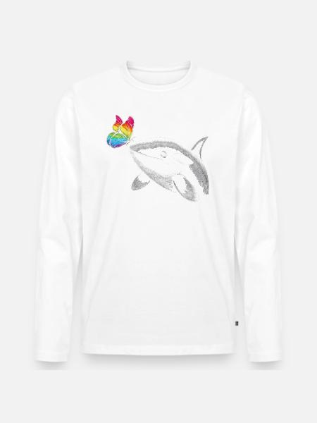 Orca Wal Schmetterlinge Tier Blumen Illustration - Männer Premium Bio Langarmshirt - Weiß