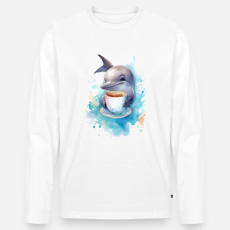 Delphin mit Kaffee -Aquarellstil - Männer Premium Bio Langarmshirt - Weiß