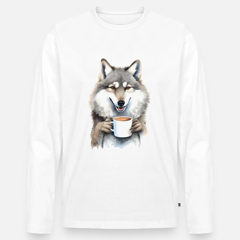 Wolf mit Kaffee -Aquarellstil - Männer Premium Bio Langarmshirt - Weiß