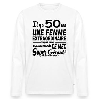 Design anniversaire 50 ans un mec génial - T-shirt manches longues Premium bio Homme - blanc - Devant - Nico (187cm)