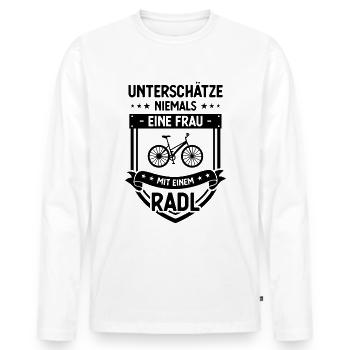 UNTSCHATZE NIEMALS EINE FRAU MIT EINEM RADL - - Männer Premium Bio Langarmshirt - Weiß - Vorne - Nico (187cm)