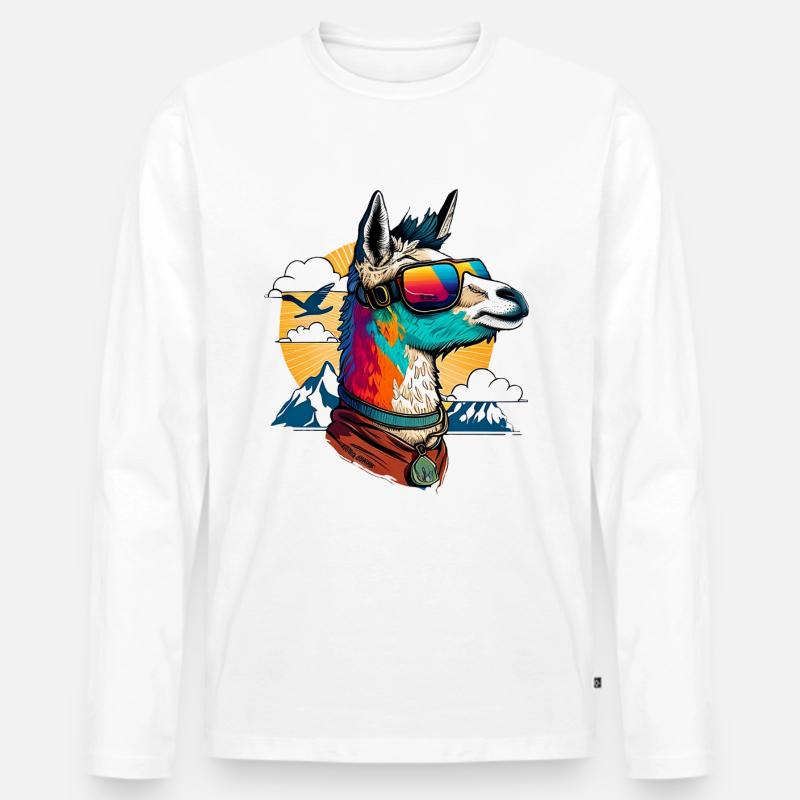 Lama mit Sonnenbrille - Männer Premium Bio Langarmshirt - Weiß