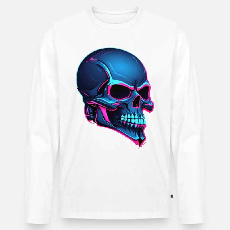 Neon-Schädel Blaue Neonlinien - Männer Premium Bio Langarmshirt - Weiß