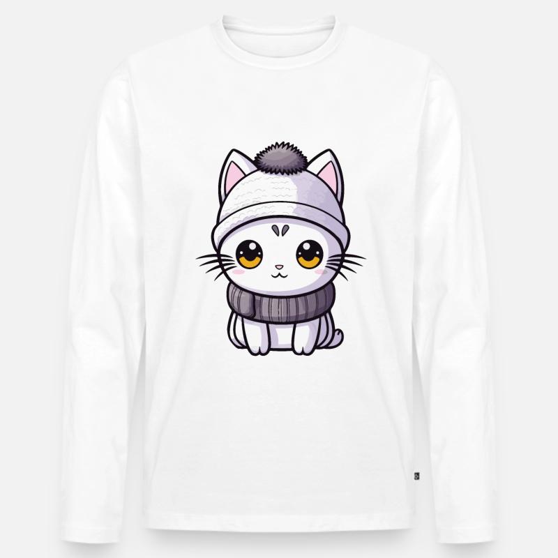 Katze Winter Comic - Männer Premium Bio Langarmshirt - Weiß