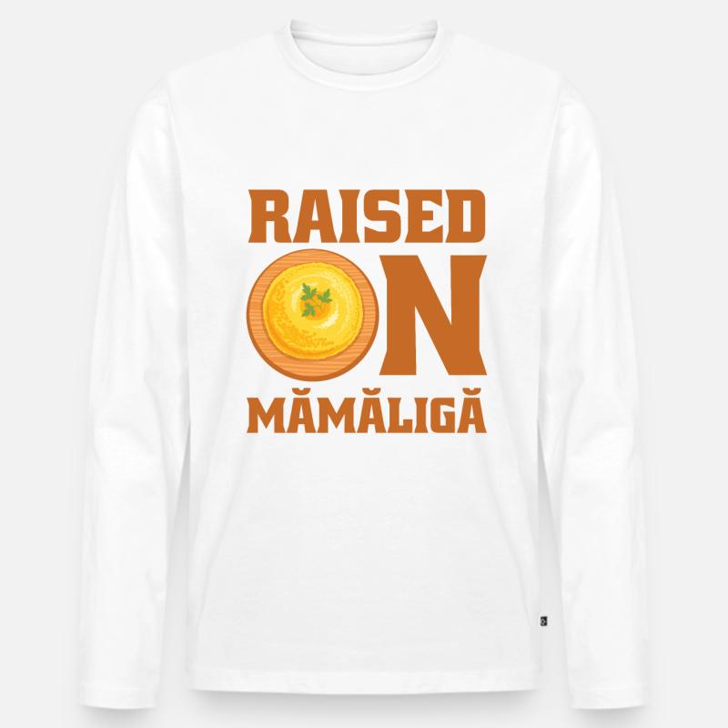 Aufgewachsen mit rumänischem Mamaliga-Essen - Männer Premium Bio Langarmshirt - Weiß