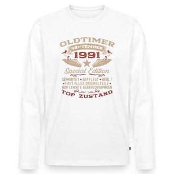 33. Geburtstag Oldtimer September 1991 Jahrgang 91 - Männer Premium Bio Langarmshirt - Weiß - Vorne - Nico (187cm)