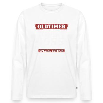 70. Geburtstag Oldtimer Februar Jahrgang 1955 - Männer Premium Bio Langarmshirt - Weiß - Vorne - Nico (187cm)
