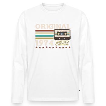 Cassette 49ème Anniversaire Décembre Millésime 1974 - T-shirt manches longues Premium bio Homme - blanc - Devant - Nico (187cm)