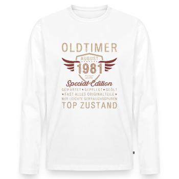 44. Geburtstag Oldtimer August Jahrgang 1981 - Männer Premium Bio Langarmshirt - Weiß - Vorne - Nico (187cm)