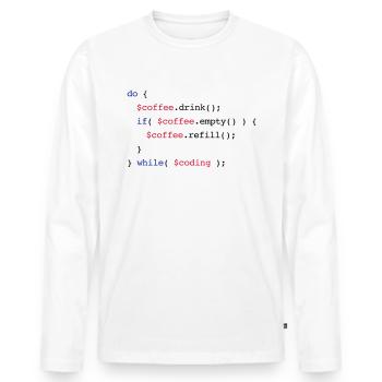 Code Coffee Refill Coding v2 - Männer Premium Bio Langarmshirt - Weiß - Vorne - Nico (187cm)