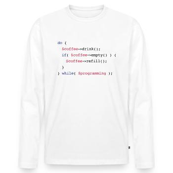 Code Coffee Refill Programmierung PHP - Männer Premium Bio Langarmshirt - Weiß - Vorne - Nico (187cm)