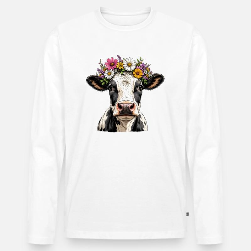Kuh mit Blumenschmuck - Männer Premium Bio Langarmshirt - Weiß
