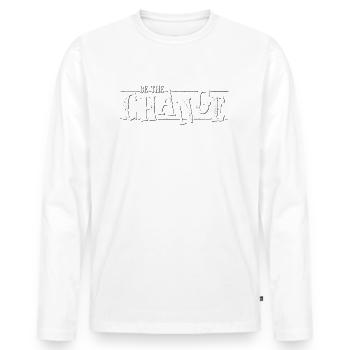 Sei der Wandel! Klimaschutz Soziale Gerechtigkeit - Männer Premium Bio Langarmshirt - Weiß - Vorne - Nico (187cm)