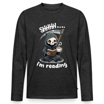 Faucheuse lisant un livre avec du café - T-shirt manches longues Premium bio Homme - anthracite chiné - Devant - Nico (187cm)