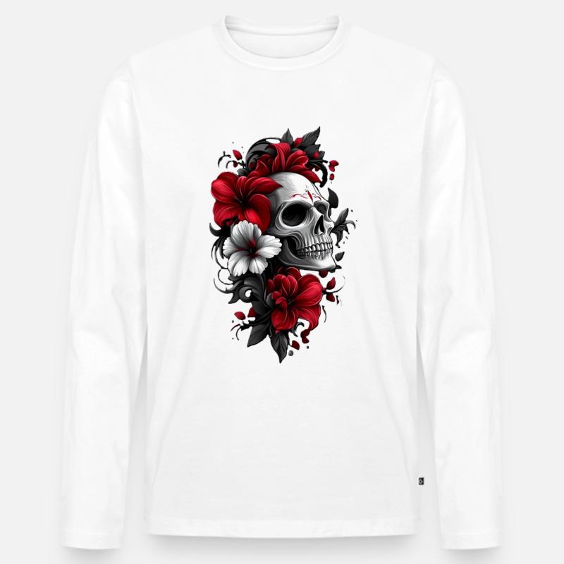 Totenkopf mit Blüten - Männer Premium Bio Langarmshirt - Weiß