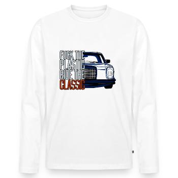 W115 Retro fck plastic - Männer Premium Bio Langarmshirt - Weiß - Vorne - Nico (187cm)