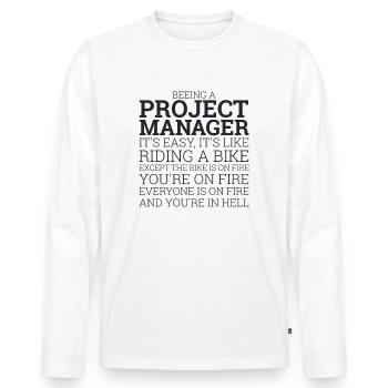 "Project Manager Bike" | "Project Manager" - Men's Premium Organic Long Sleeve Shirt - white - Front - Nico (187cm)