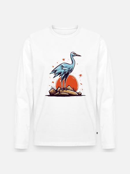 Graureiher oder Storch Vogel und eine rote Sonne - Männer Premium Bio Langarmshirt - Weiß