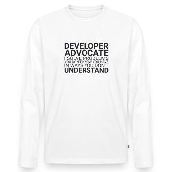 « Problèmes de developer advocate | Plaidoyer des développeurs » - T-shirt manches longues Premium bio Homme - blanc - Devant - Nico (187cm)