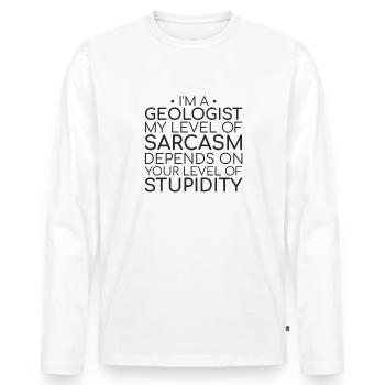 « Sarcasme du géologue | Géologie » - T-shirt manches longues Premium bio Homme - blanc - Devant - Nico (187cm)