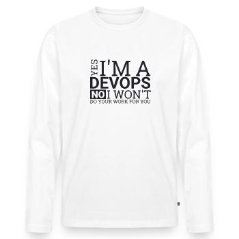 "DevOps Work | Softwareentwicklung" - Männer Premium Bio Langarmshirt - Weiß - Vorne - Nico (187cm)