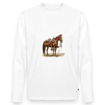 Braunes Pferd Mit Sattel Im Freien - Männer Premium Bio Langarmshirt - Weiß - Vorne - Nico (187cm)