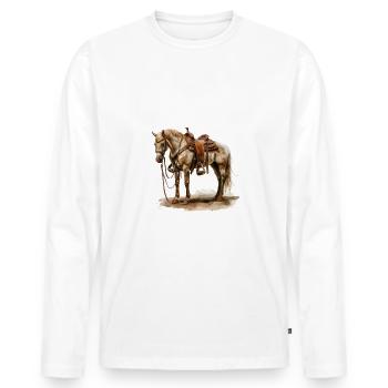 Cheval de selle western en selle brune - T-shirt manches longues Premium bio Homme - blanc - Devant - Nico (187cm)