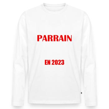 Promu parrain en 2023, annonce grossesse, futur - T-shirt manches longues Premium bio Homme - blanc - Devant - Nico (187cm)