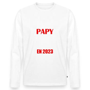 Promu papy en 2023, annonce grossesse, futur papi - T-shirt manches longues Premium bio Homme - blanc - Devant - Nico (187cm)