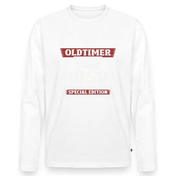 Oldtimer Juni 1958 Jahrgang 1958 Geburtstag Juni - Männer Premium Bio Langarmshirt - Weiß - Vorne - Nico (187cm)