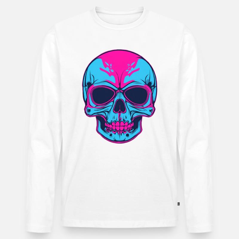 Neon Schädel Pink Blau - Männer Premium Bio Langarmshirt - Weiß
