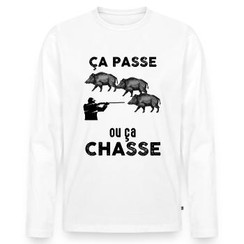 Chasse sanglier triplés, ça passe ou ça chasse - T-shirt manches longues Premium bio Homme - blanc - Devant - Nico (187cm)