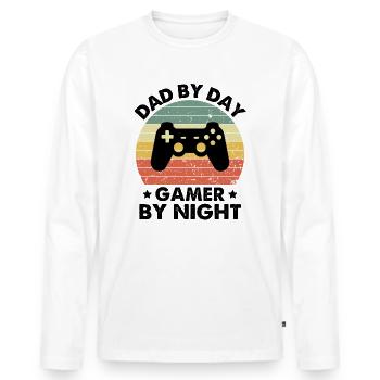 Papa le jour Gamer La nuit - T-shirt manches longues Premium bio Homme - blanc - Devant - Nico (187cm)