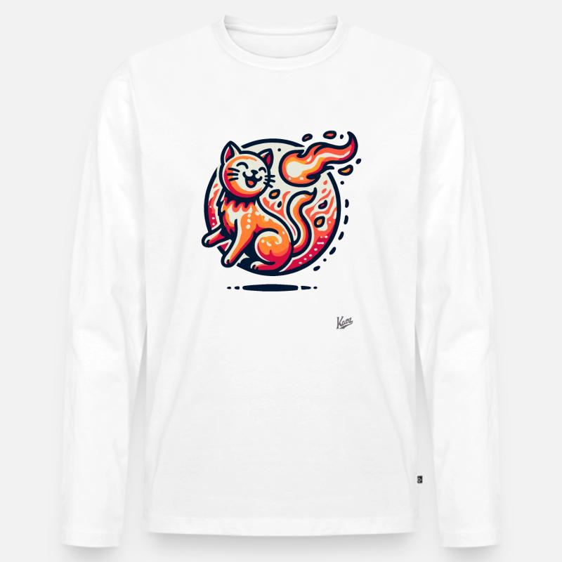 Flammen und eine springende Katze - Männer Premium Bio Langarmshirt - Weiß