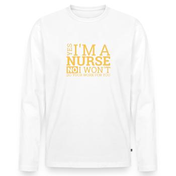 "Nurse Work | Health system" - Men's Premium Organic Long Sleeve Shirt - white - Front - Nico (187cm)