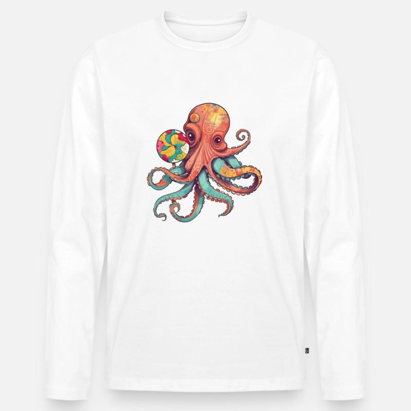 Lustiger Comic Oktopus mit Lollipop - Männer Premium Bio Langarmshirt - Weiß
