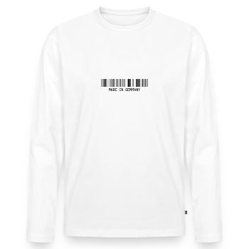 Made in Germany - Deutschland - Barcode - Strichco - Männer Premium Bio Langarmshirt - Weiß - Vorne - Nico (187cm)