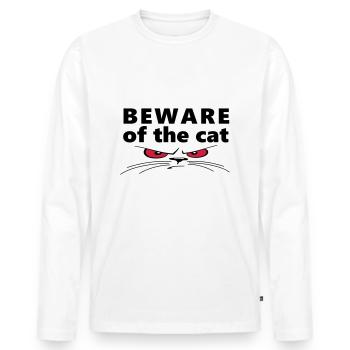 Slogan beware of the cat. Watch out for the cat. - Men's Premium Organic Long Sleeve Shirt - white - Front - Nico (187cm)