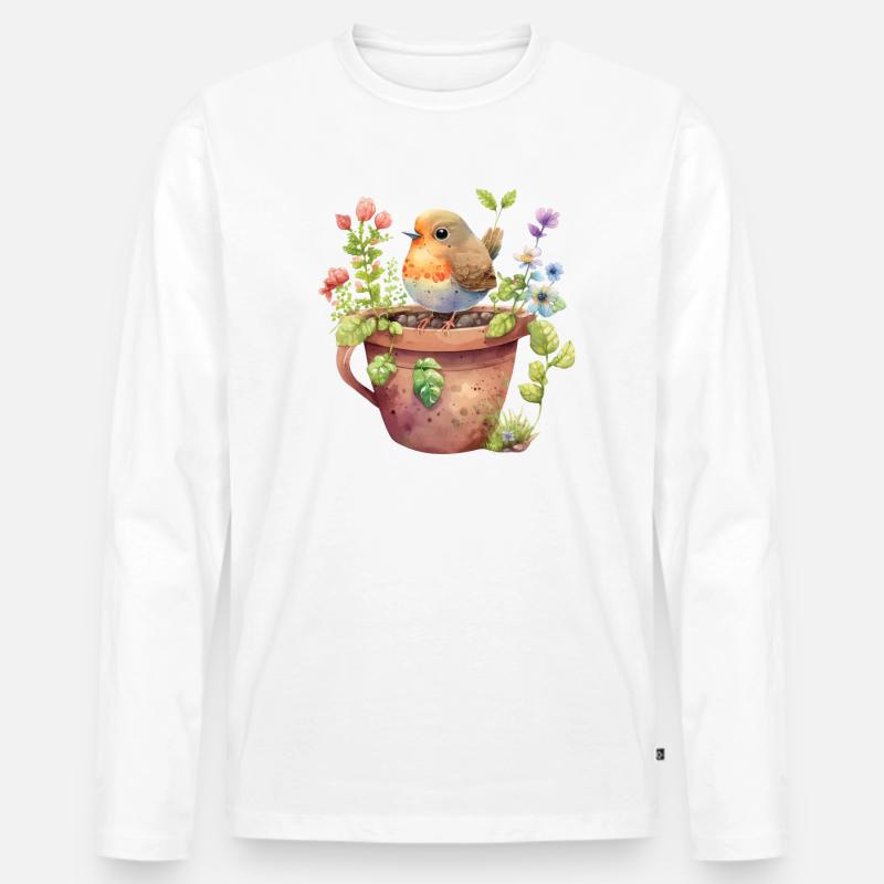 Blumentopf und Vogel - Männer Premium Bio Langarmshirt - Weiß